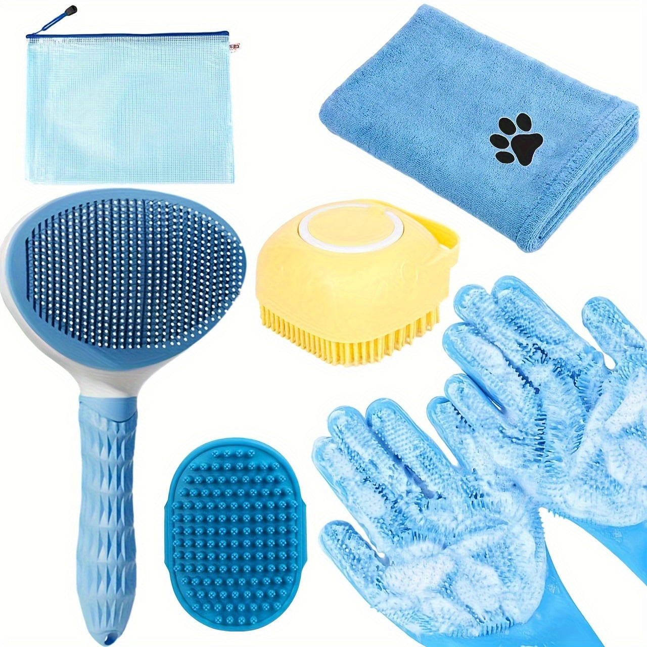 Dog bath brush grooming kit — silicone bath glove and scrubber brush detail