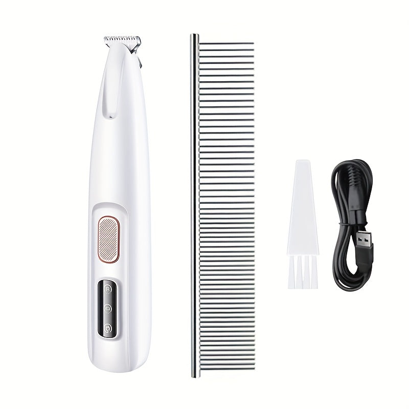 Pet grooming clippers with LED light — front view showing power button