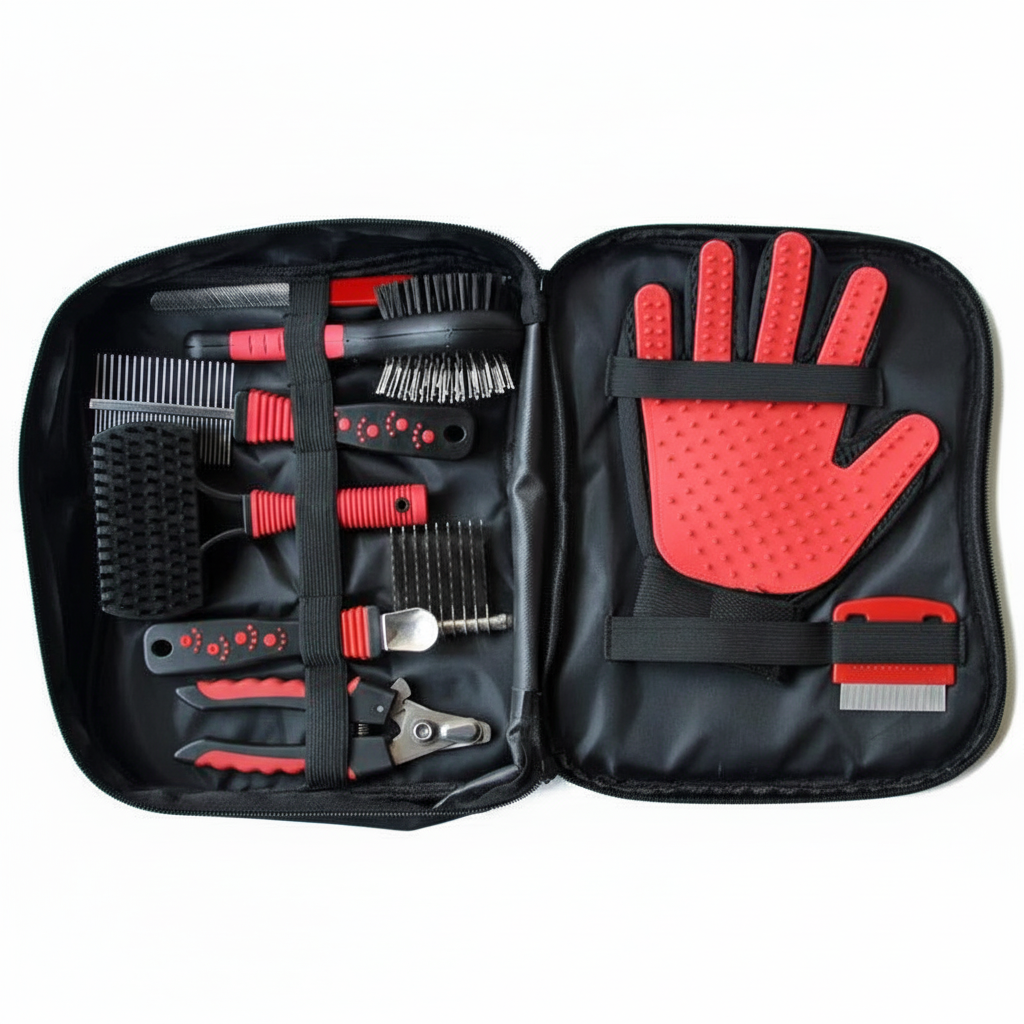 Grooming tool set with red and black tools in an open black case on a white background