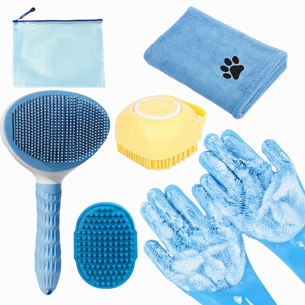 Set of pet grooming tools including brushes, gloves, and towels on a white background