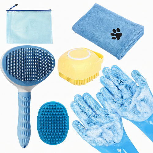 Set of pet grooming tools including brushes, gloves, and towels on a white background