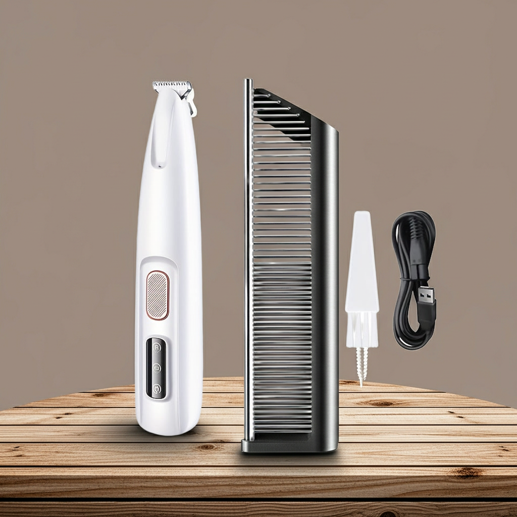 Grooming kit with white trimmer, comb, and USB cable on a wooden surface.