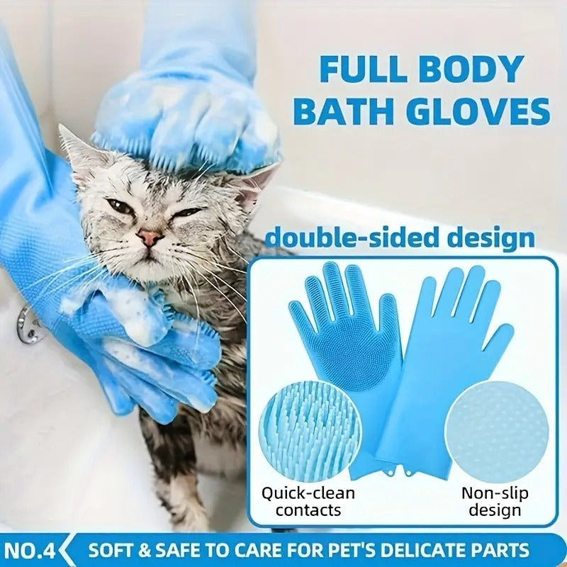 Pet bath grooming kit — gloves and brush set laid out flat